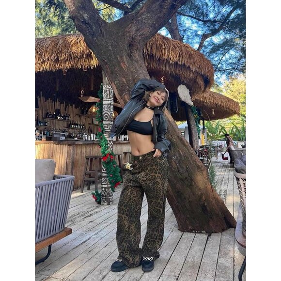 Y2K Leopard Jeans Women Men Baggy Cheetah Print Straight Leg Denim Casual - Picture 5 of 7